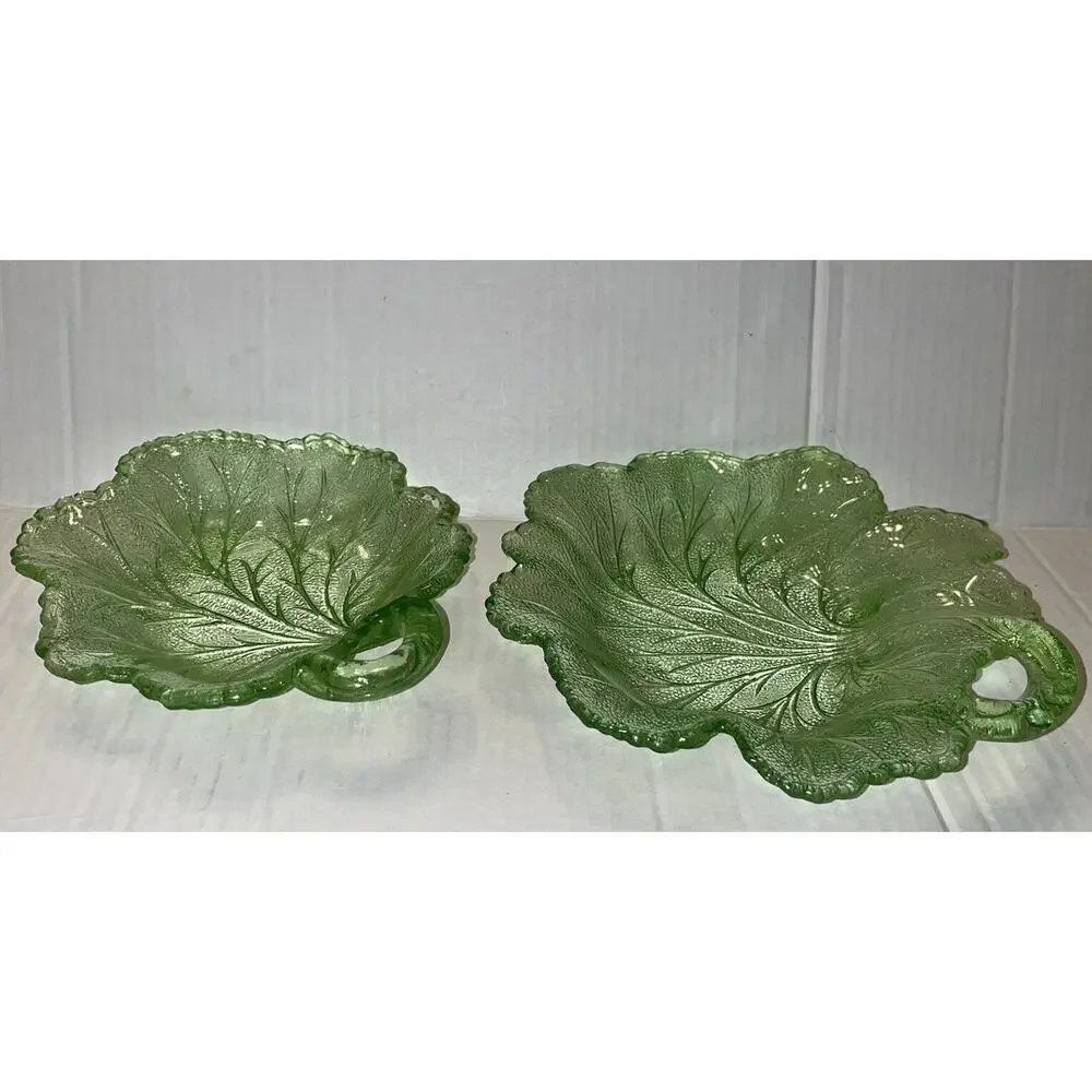 Lot of 2 Vintage Glass Cabbage Leaf Candy, Dessert, Salad Dishes 8.5